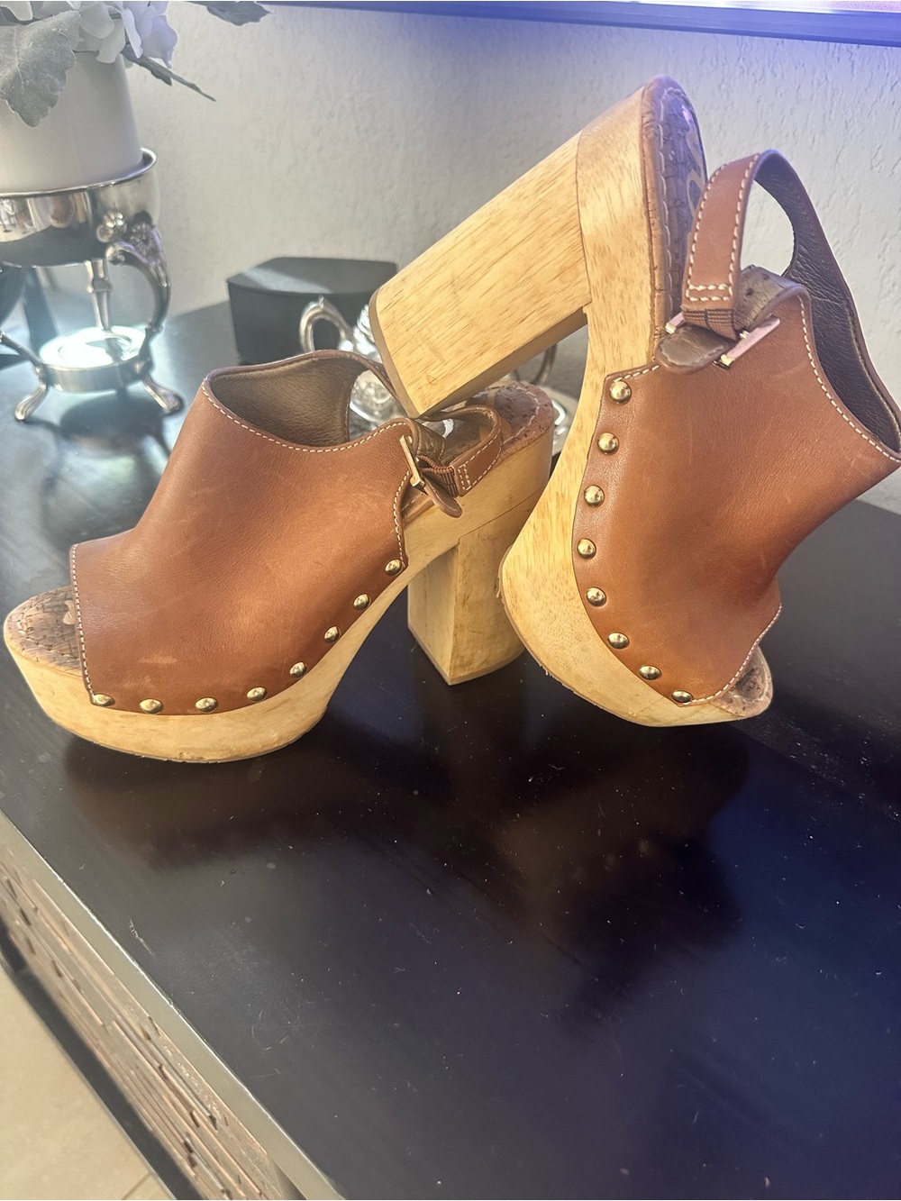 Sam Edelman Brown Leather Studded Wooden Platform Mules